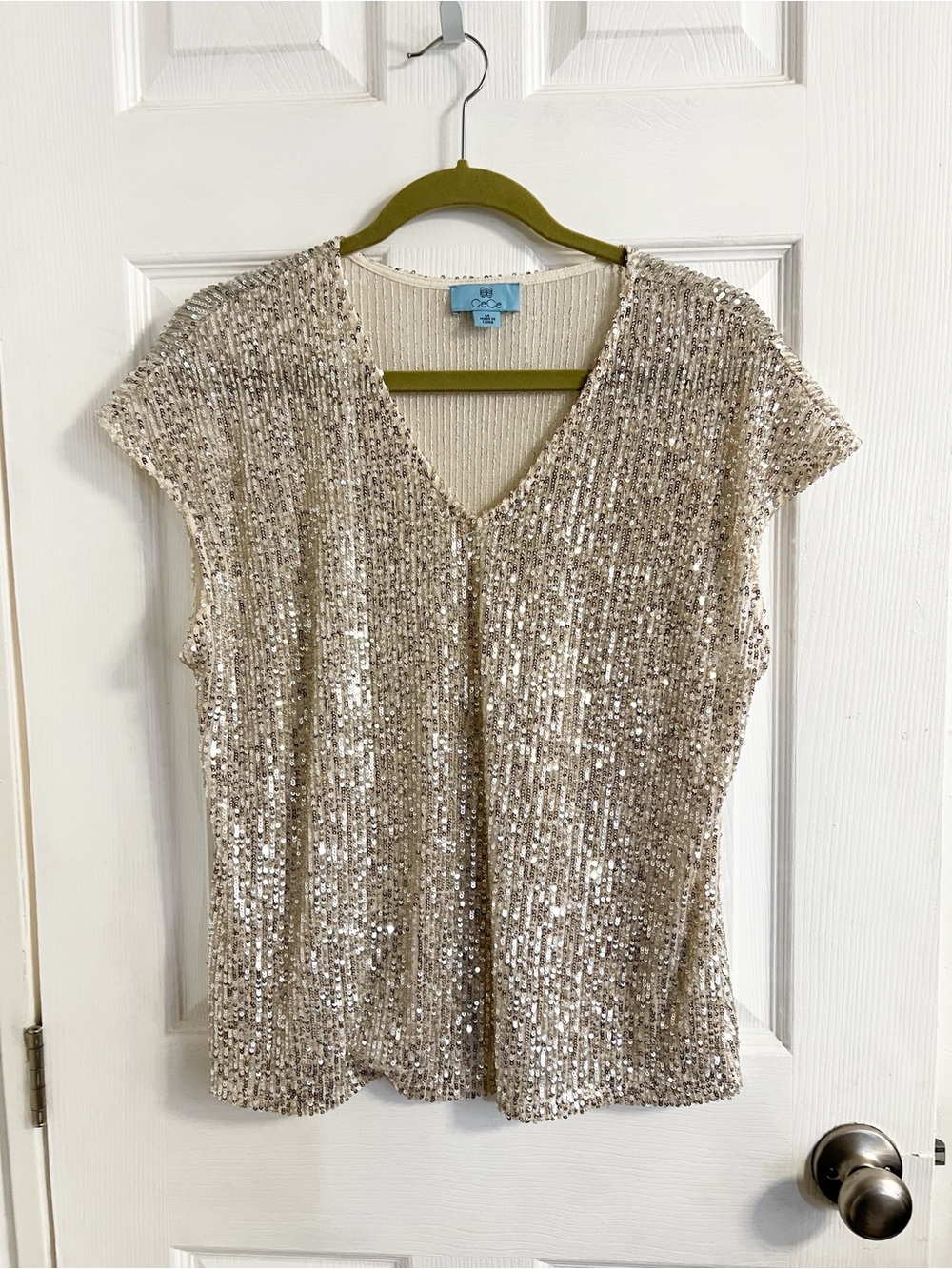 CeCe Silver Sequin V-Neck Cap Sleeve Top